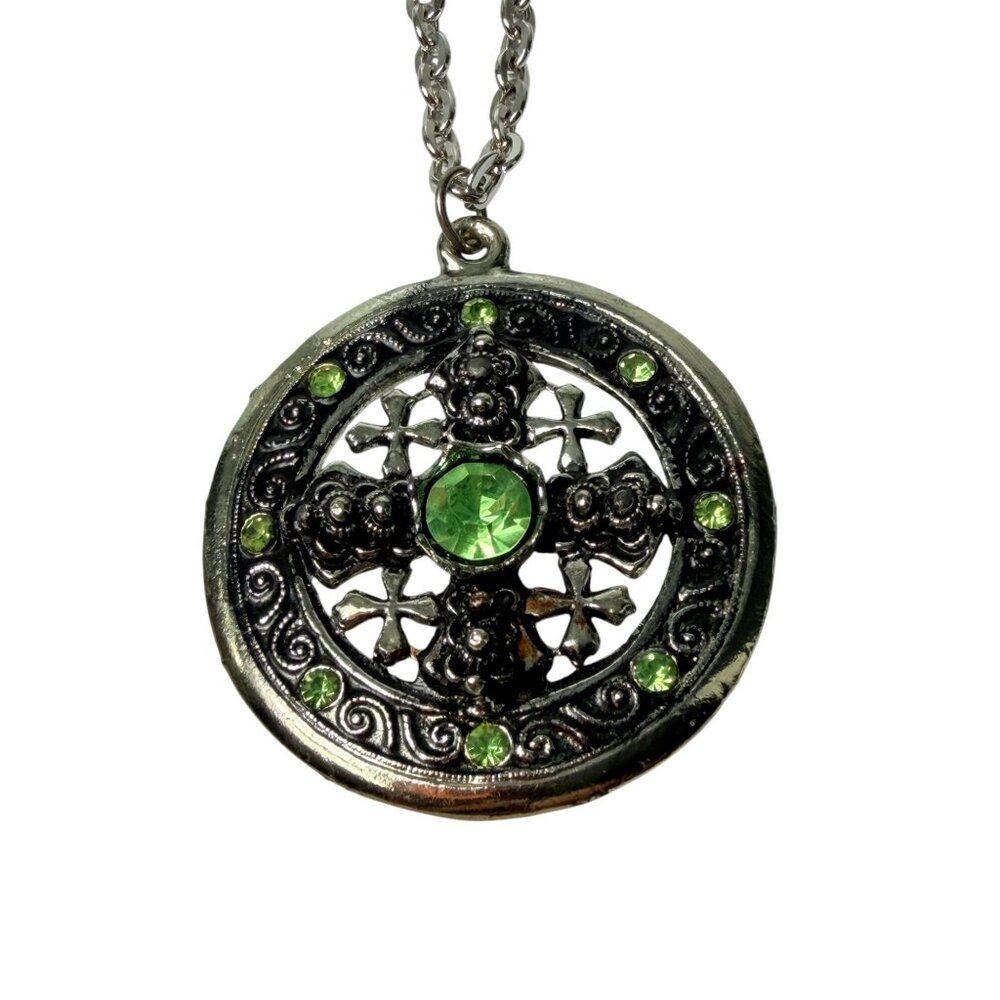 Vintage Silver Ornate Celtic Cross Pendant Necklace Peridot 24" Jerusalem - Picture 6 of 7